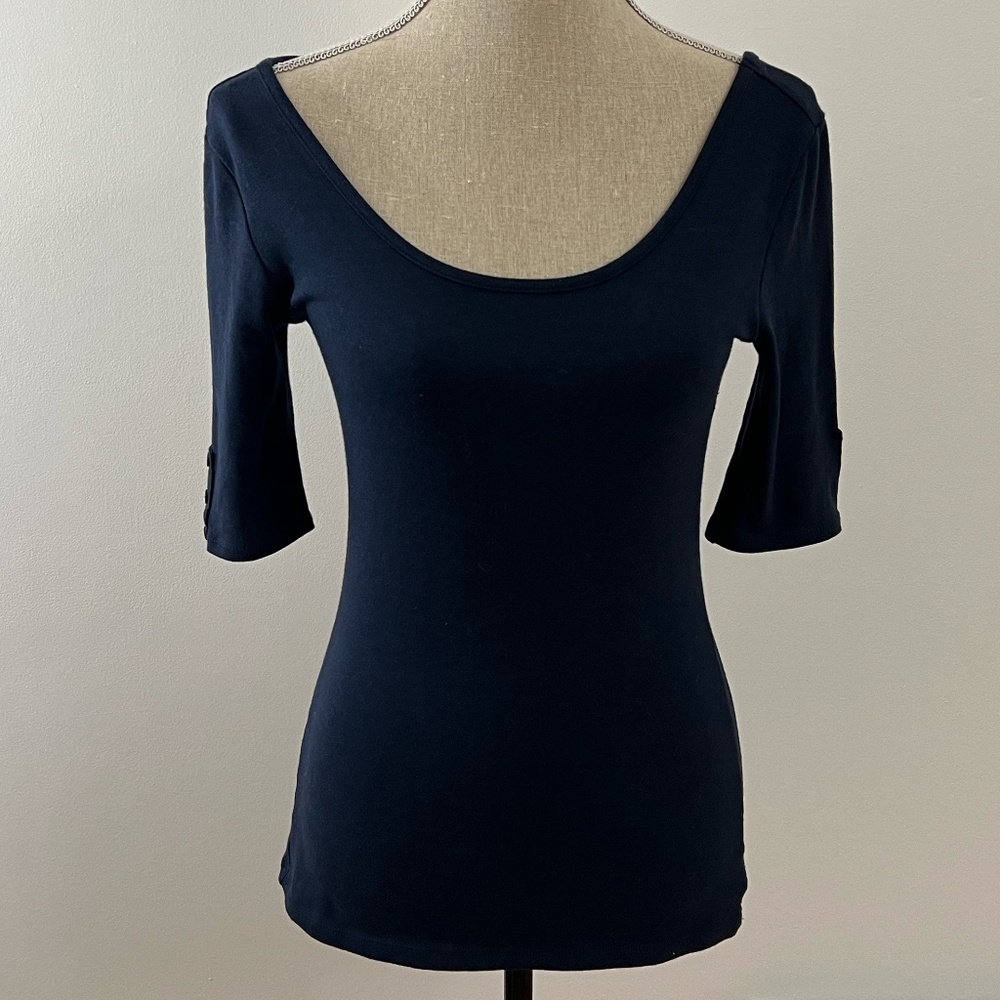 Navy Blue Scoop Neck Top with Button Accents on Sleeves Size Medium